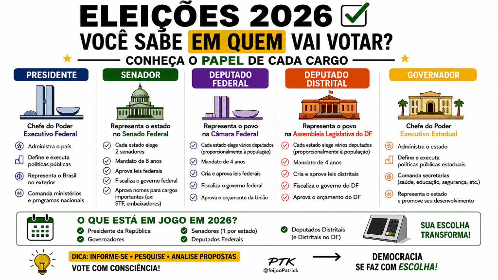 Guia Eleições 2026: Conheça o Papel de Cada Cargo - Presidente, Senador, Deputado Federal, Deputado Distrital e Governador